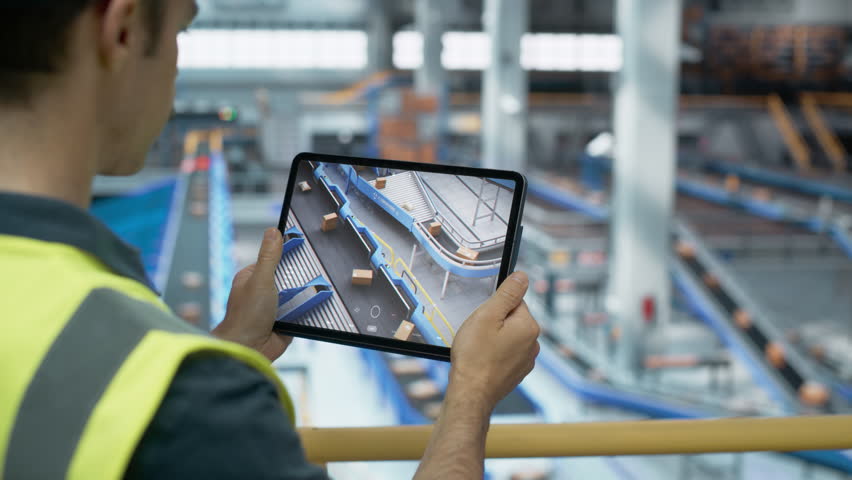 Logistics Center Worker Using Tablet Computer with Augmented Reality Software Controlling Parcel Delivery on a Conveyor Belt. International Online Shopping Business Facility with Modern Technology Royalty-Free Stock Footage #1108084761