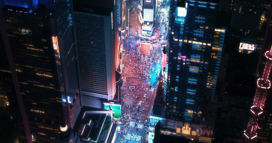 Helicopter Night Tour of New York City. Fly-By Over Glowing Times Square with Colorful Mock Up Advertising Billboards and Groups of Tourists Enjoying Manhattan Nightlife and Admiring the Landmark Royalty-Free Stock Footage #1108084767