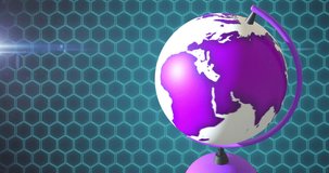 Animation of spinning globe icon over hexagon pattern background. Global education, school and learning concept digitally generated video.