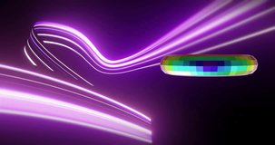Animation of 3d multicoloured shape over neon purple light trails on black background. Abstract, colour, shape and movement concept digitally generated video.