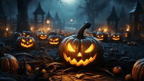 Halloween pumpkin patch in the moonlight. Jack O Lantern party. Horizontal banner, halloween night decorative with bat and moon background 31st October - Powered by Shutterstock - Get 15% off with code: PIKWIZARD15