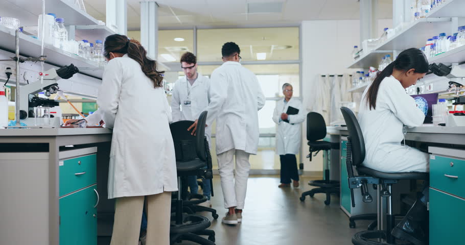 University, students or teacher in a laboratory, science or education with assessment, learning or experiment. People, group or professor with biotechnology, research for cancer or medicine with cure