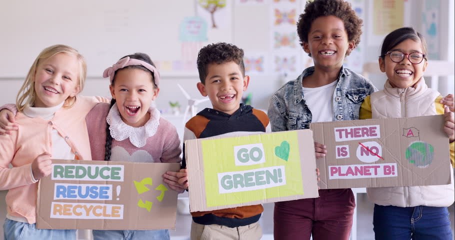 Poster, recycle and happy children in a classroom to support sustainability on earth day. Portrait, smile and campaign with kids in class for climate change awareness or going green initiative Royalty-Free Stock Footage #1108090121