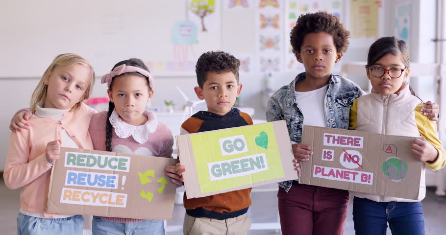 Poster, recycle and campaign with a children in a classroom to support sustainability on earth day. Portrait, education and kids in class for climate change awareness or going green initiative Royalty-Free Stock Footage #1108090123