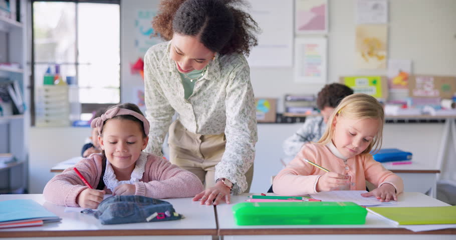 Help, teacher and woman in a classroom, students and education with studying, conversation and knowledge. Person, educator and children writing, learning and kids with answers, explain and lessons Royalty-Free Stock Footage #1108090151