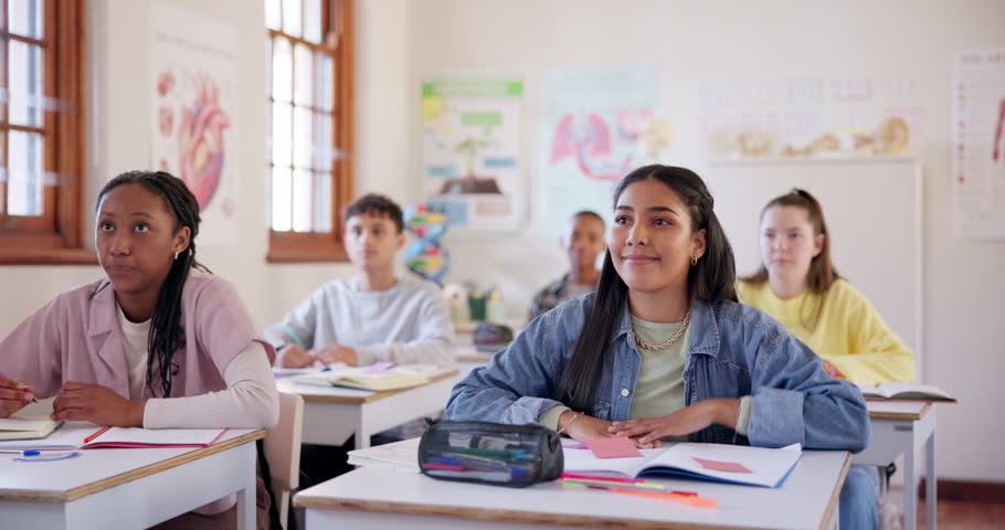 Hands raised, girl and students in high school, learning and study in classroom. Group education, teenager and answer question, asking why and development of knowledge for children listening together Royalty-Free Stock Footage #1108090309