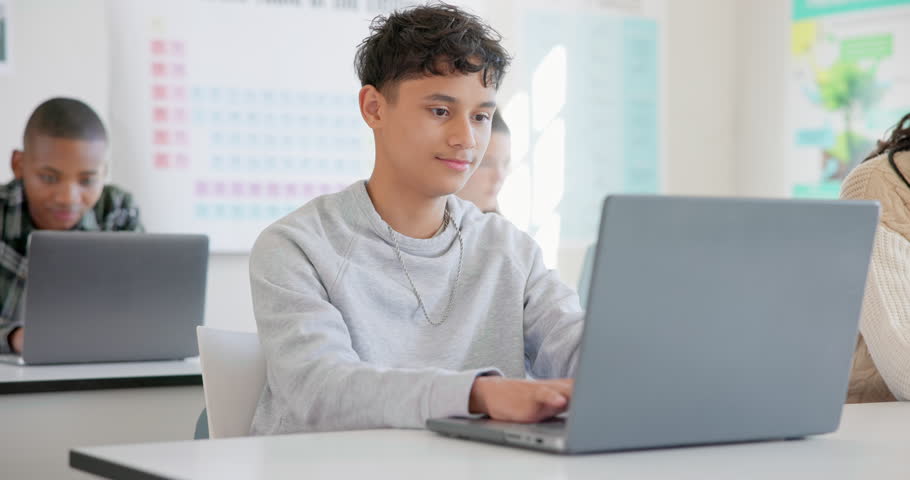 Man, student and laptop for school, elearning and studying or research in college or class. Teenager typing on computer for planning, classroom information and scholarship application or online FAQ Royalty-Free Stock Footage #1108090415