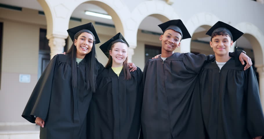 University student graduation, diversity friends and happy for graduate success, academy or knowledge education. College campus solidarity, portrait or group of people smile for school learning study Royalty-Free Stock Footage #1108090419