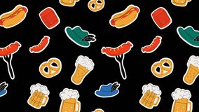 Oktoberfest Loop Background. Oktoberfest objects and icons . Beer, hat, meat, , hot dog, sausages, etc.Video flat cartoon animation design element. 4K video footage	