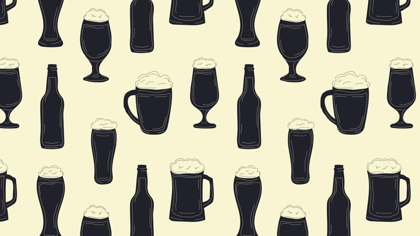 Oktoberfest Loop Background. Beer bottle or glass, mugs retro doodle.Video flat cartoon animation design element. 4K video footage