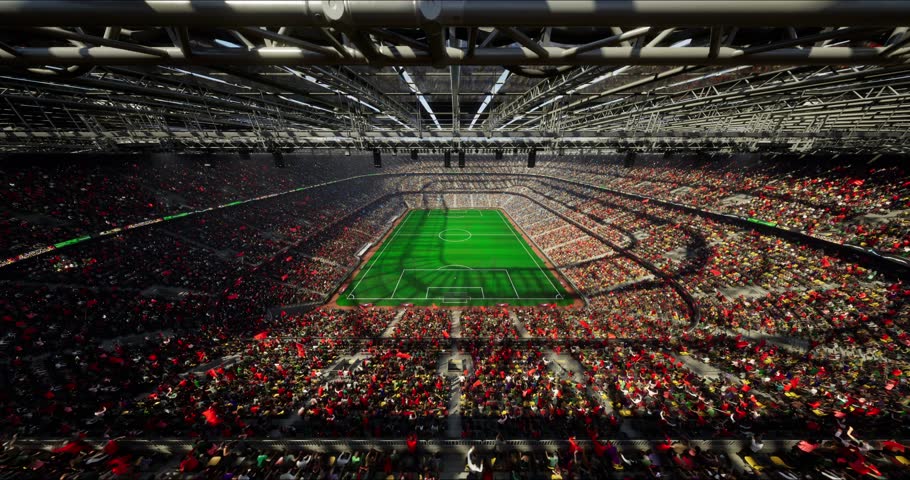 Soccer stadium arena 3d render with crowd, flags, sun light, empty arena 
