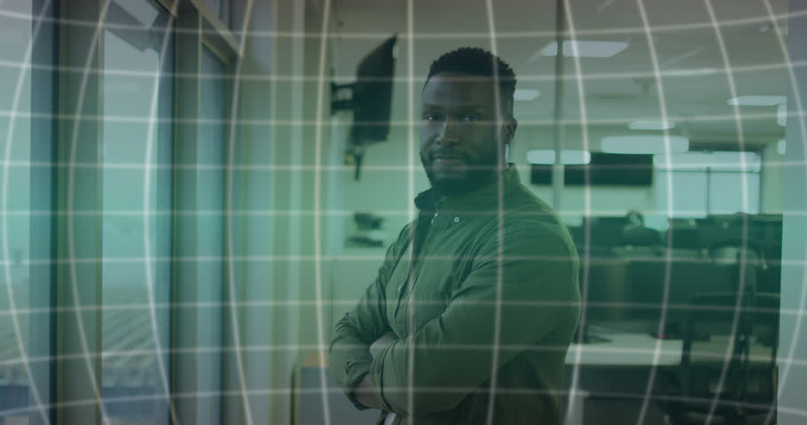 Animation of ai data processing and icons over african american businessman. global artificial intelligence, business, finances, computing and data processing concept digitally generated video.