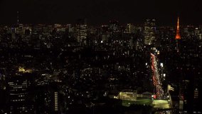 TOKYO, JAPAN : Aerial high angle sunrise CITYSCAPE of TOKYO. View of buildings around Roppongi from Shibuya. Japanese city life and metropolis concept 4K video. Time lapses shot, night to morning.