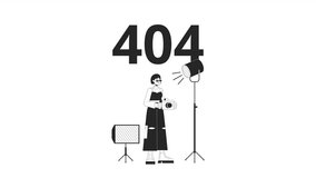 Photographer freelance black and white error 404 animation. Photography error message gif, motion graphic. Professional photographer in studio animated character linear 4K video isolated on white