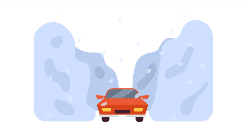 Blizzard natural disaster cartoon animation. Winter storm 4K video motion graphic. Snowstorm car riding in snow. Frozen city street. Natural hazard 2D color animated scene isolated on white background