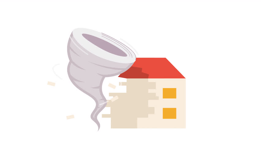 Tornado damage to home cartoon animation. Weather disaster 4K video motion graphic. Hurricane house damage. Destroyed town. Tropical cyclone house 2D color animated scene isolated on white background