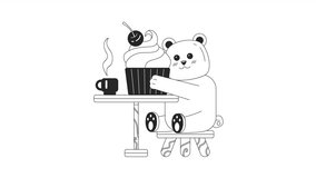 Kawaii bear hugging cupcake bw cartoon animation. Anime kawaii animal 4K video motion graphic. Funny brown bear loves dessert 2D monochrome line animated character isolated on white background - Powered by Shutterstock - Get 15% off with code: PIKWIZARD15