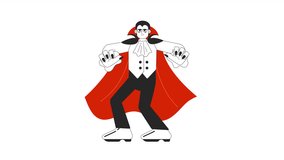 Male vampire scaring away bw cartoon animation. Dracula trick-or-treating. Halloween party adult 4K video motion graphic. Vampir 2D monochrome line animated character isolated on white background