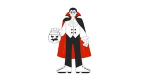 Male vampire holding candy bucket bw cartoon animation. Dracula asking for candies 4K video motion graphic. Halloween party adult 2D monochrome line animated character isolated on white background