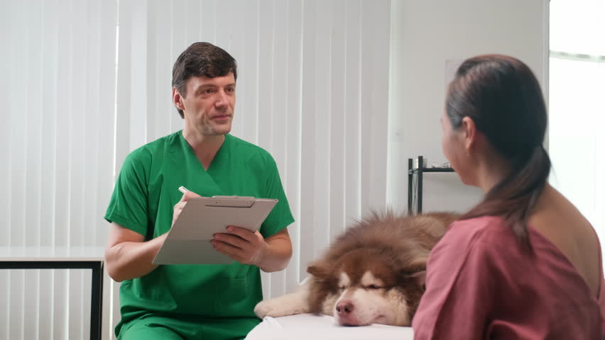 Medium shot of male veterinarian in green uniform writing down notes about sick dog in medical card while owner sitting next to fluffy pet Royalty-Free Stock Footage #1108098833