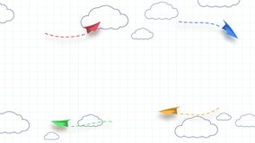 School notebook background. 3d flying yellow, red and blue paper airplanes in the sky with hand drawn clouds. Seamless loop cartoon children planes in air animation. Back to school frame 4k video. - Powered by Shutterstock - Get 15% off with code: PIKWIZARD15