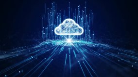Cloud and edge computing technology data transfer concept. A large cloud icon is in the center. Abstract motion interconnected polygons lines and dots on a dark blue background. - Powered by Shutterstock - Get 15% off with code: PIKWIZARD15