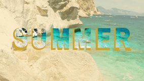 Summer inscription on an island beach 4K Video shot on hot sunny summer day.  Perfect backdrop for a relaxing summer vacation. Beautiful blue sea water waves with the hint of orange summer vibes.