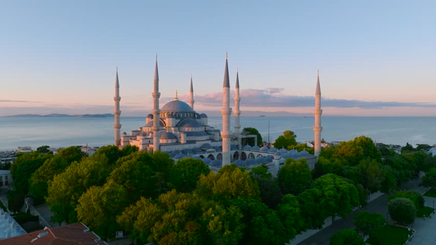 Aerial view of Hagia Sophia and Blue Mosque at sunrise and night. Aerial view of Istanbul Royalty-Free Stock Footage #1108103223