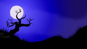 Halloween night, featuring a moonlit hill glowing against a dark blue sky. A swaying tree, graves emerging from the ground, a haunted house, and a dark pumpkin with glowing eyes, a bat flits around