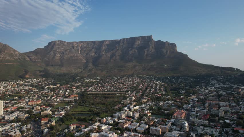 Aerial view of Cape Town city centre at sunrise in Western Cape, South Africa