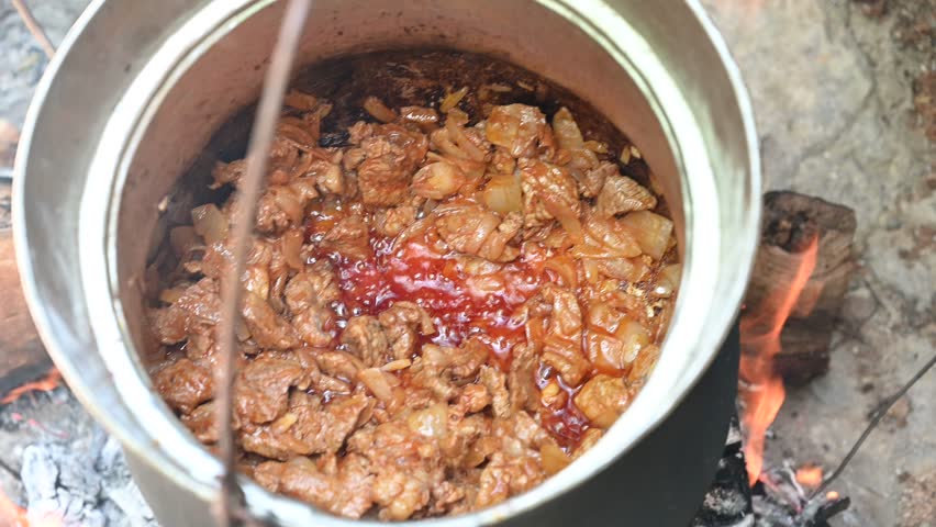 A delicious lunch is cooked in a copper pot on the fire. Meat and vegetables in a pot.