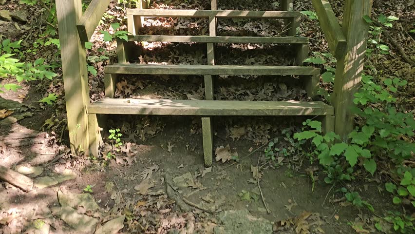 Climbing wooden stairs outside in nature park pov moving perspective