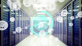 Animation of neon ticking clock and network of digital icons against computer server room. Global networking and business data storage technology concept - Powered by Shutterstock - Get 15% off with code: PIKWIZARD15