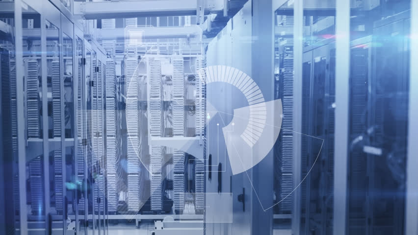 Animation of network of digital icons, round scanner and light spots against computer server room. Global networking and business data storage technology concept - Powered by Shutterstock - Get 15% off with code: PIKWIZARD15