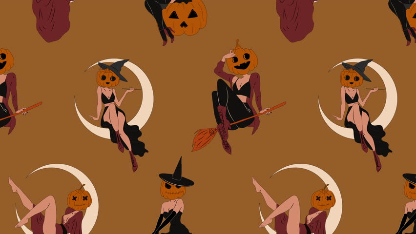 Loop Background. Witches in Halloween costume. Pumpkin. Cute ladies. Pin-up, retro style. 4K video footage	