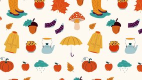 Loop Background. Autumn illustration, stickers with homely cute things. 4K video footage	