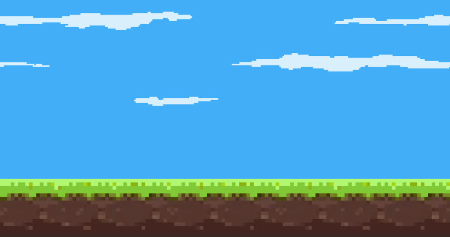 Animation of old style pixel game. Pixel art game background. Ground, grass, sky, tree, clouds and stars. Pixel art Game Design 8 bit video vector. Old school background for game.  Royalty-Free Stock Footage #1108121383