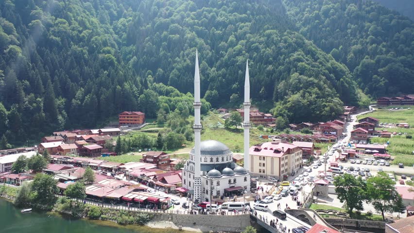 Uzungol Lake Mosque: Aerial Beauty in Trabzon, Turkey Royalty-Free Stock Footage #1108122763