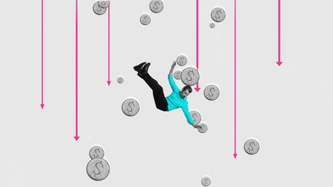 Young businessman, employee falling down with coins and arrows symbolizing financial crisis of enterprise. Stop motion, animation. Concept of business, professional challenges, ambitions, career, ad 库存视频