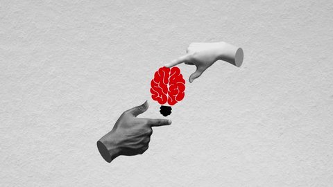 Stop motion, animation. Human hands over brain in lightbulb shape symbolizing generation of creative business ideas. Brainstorming. Concept of business, office, career, creativity, growth, ad : vidéo de stock