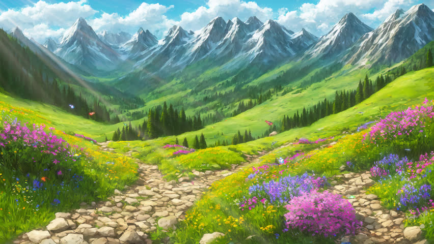 Summer mountain landscape. Production quality Anime seamless Background in ProRes 4444 codec, 30 FPS. Royalty-Free Stock Footage #1108125379