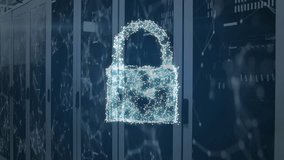 Animation of cloud, security padlock, shield icon and network of connections against server room. Cyber security and business data storage technology concept - Powered by Shutterstock - Get 15% off with code: PIKWIZARD15