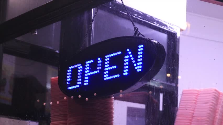 Open Sign Blue Store Front Window