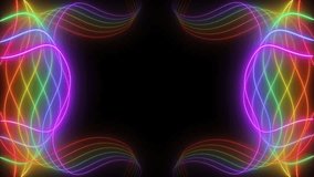 Neon glowing colorful laser lines on black background. Seamless looping animation