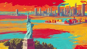 Liberty Statue in Retro Pop Art Style. Red, Orange and Yellow colors. NYC, 4k.