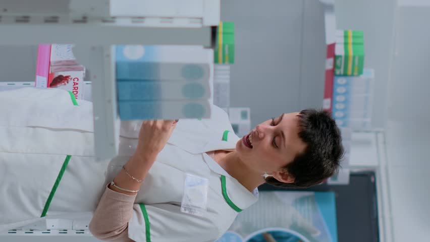 Vertical video Aged client in need of prescription illness prevention drug informations in apothecary, asking knowledgeable druggist. Pharmacy employee helping older customer with medical expertise