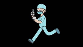 2d animation of white male nurse running to his patient with a syringe in his hand. Looped 4K video with alpha-channel.