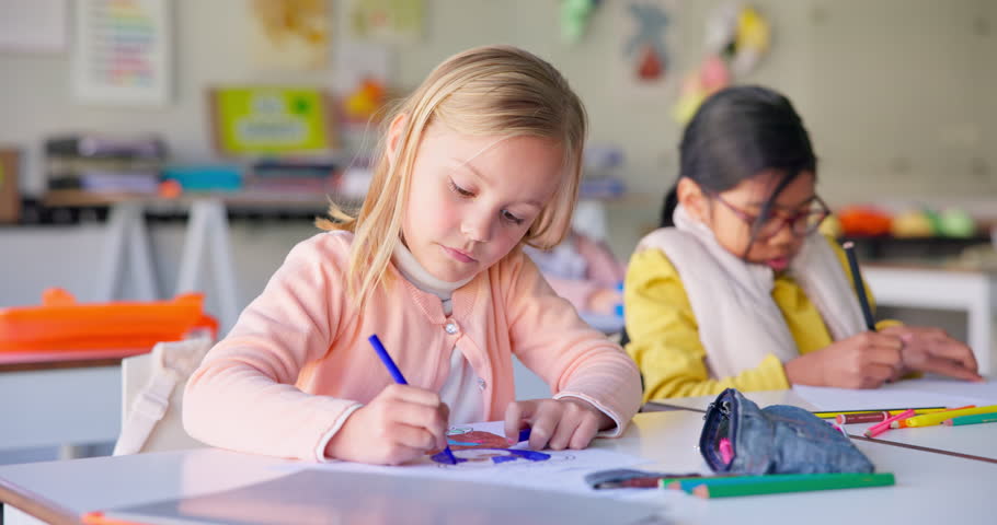 Face, writing and study with girl in classroom for learning, knowledge and education. Scholarship, happy and future with portrait of young student at school for academy, exam test and project