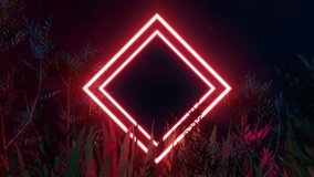 Red neon square light among tropical jungle. Loop 3d animation. Video background. 3D Illustration