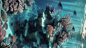 Vertical shot of tranquil underwater scene with tropical fish and colorful marine plants on coral reef in clean turquoise water on ocean floor. Beautiful undersea background 3D animation.